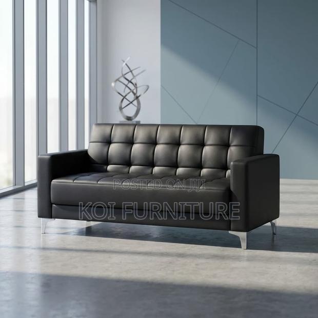 Office Sofa : 5-Seater Modern Black Leather Tufted Sofa