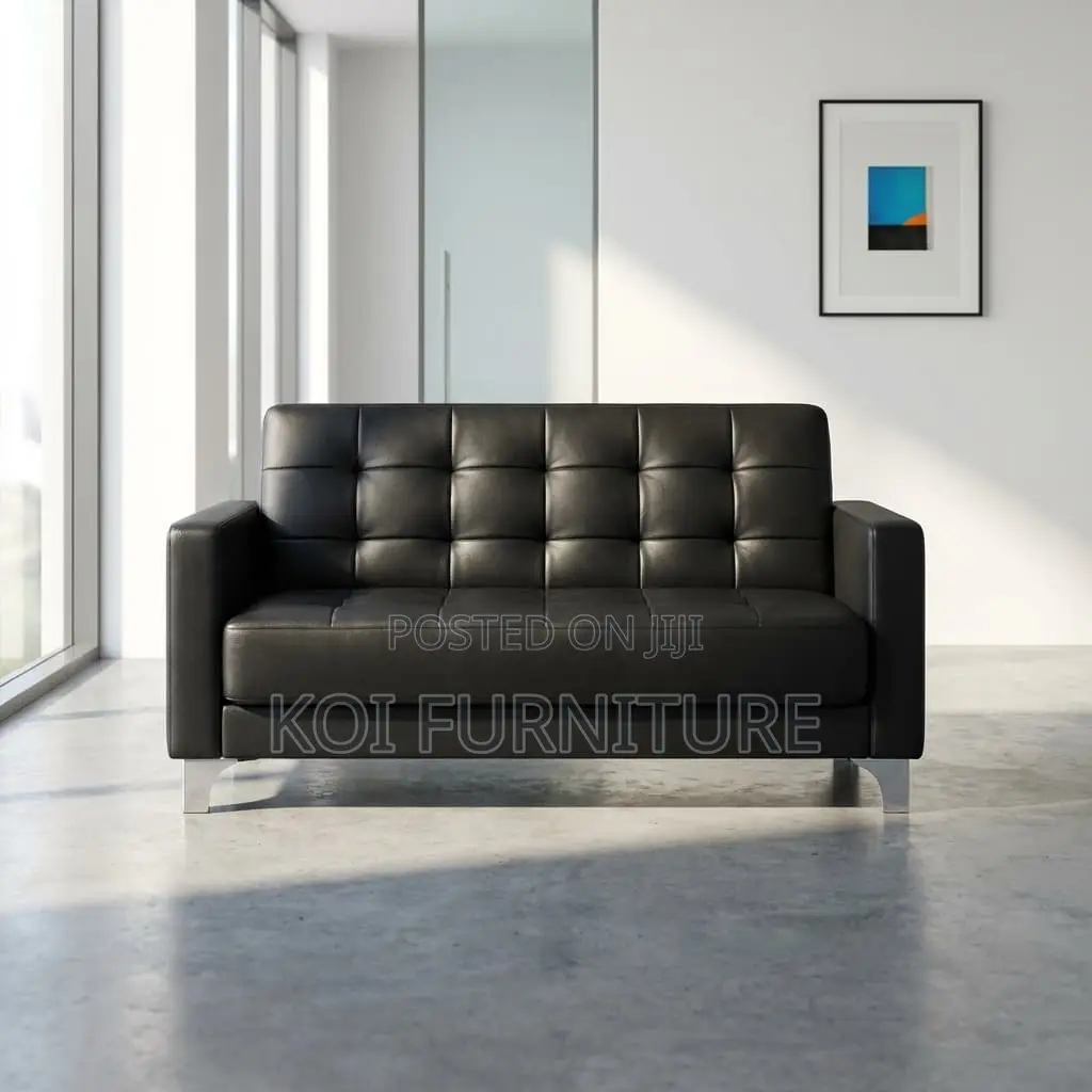 Office Sofa : 5-Seater Modern Black Leather Tufted Sofa