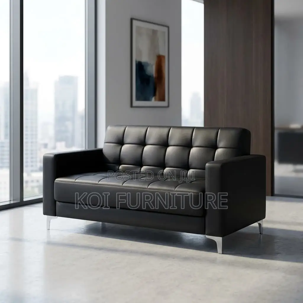 Office Sofa : 5-Seater Modern Black Leather Tufted Sofa