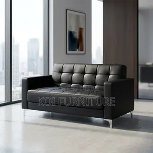 Office Sofa : 5-Seater Modern Black Leather Tufted Sofa