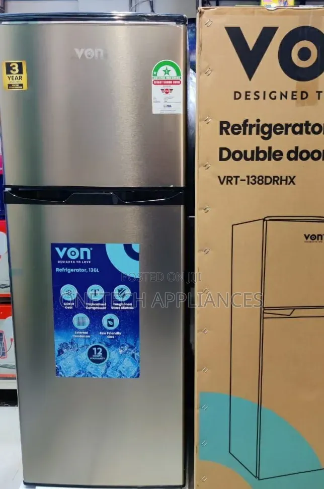 Von 138l Double Door Fridge - Stainless Steel, Direct Cooling