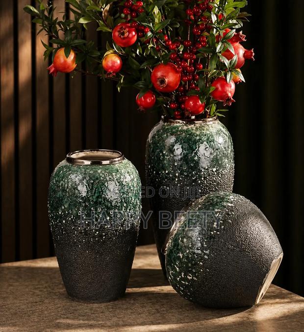 Dark Green Gold Accent Vase Set (3pcs)