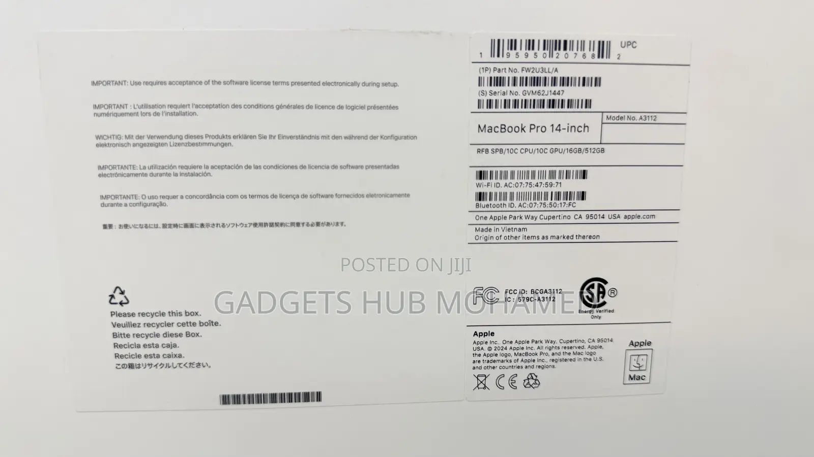 Laptop Apple MacBook Pro 16GB Apple M4 SSD 512GB