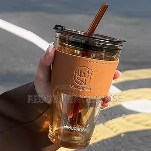 Glass Cups With Cover+Straw+Leather