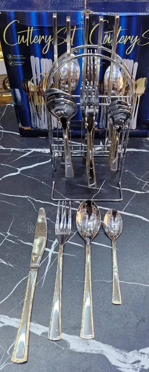 24pcs Gold Detailed Silver Cultery Set