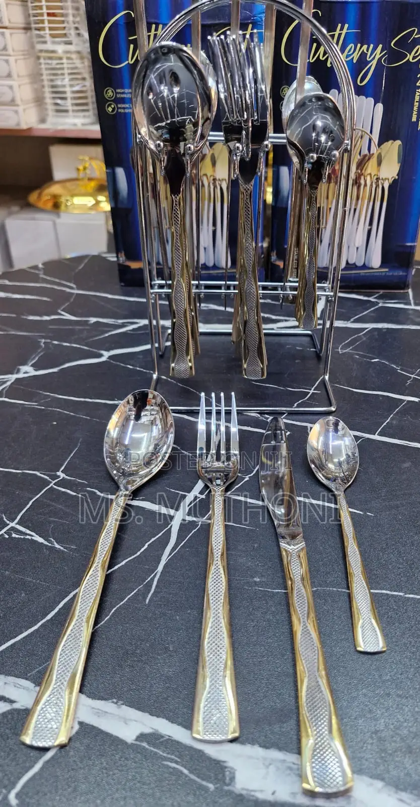 24pcs Gold Detailed Silver Cultery Set