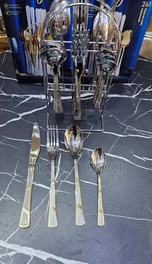 24pcs Gold Detailed Silver Cultery Set