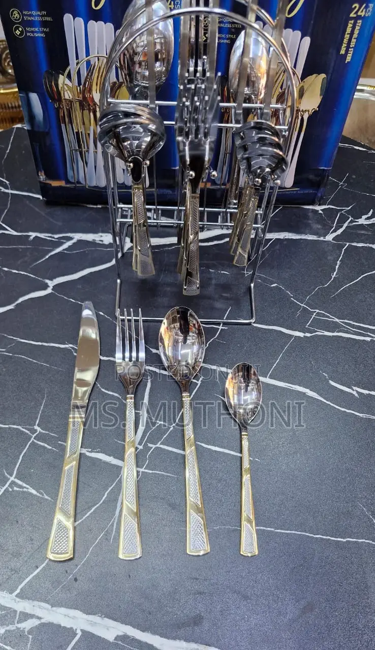 24pcs Gold Detailed Silver Cultery Set