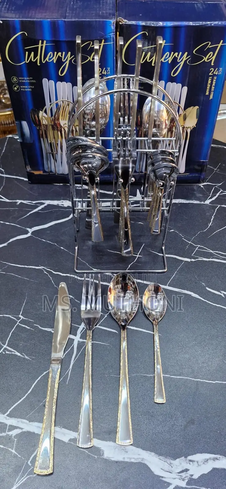 24pcs Gold Detailed Silver Cultery Set