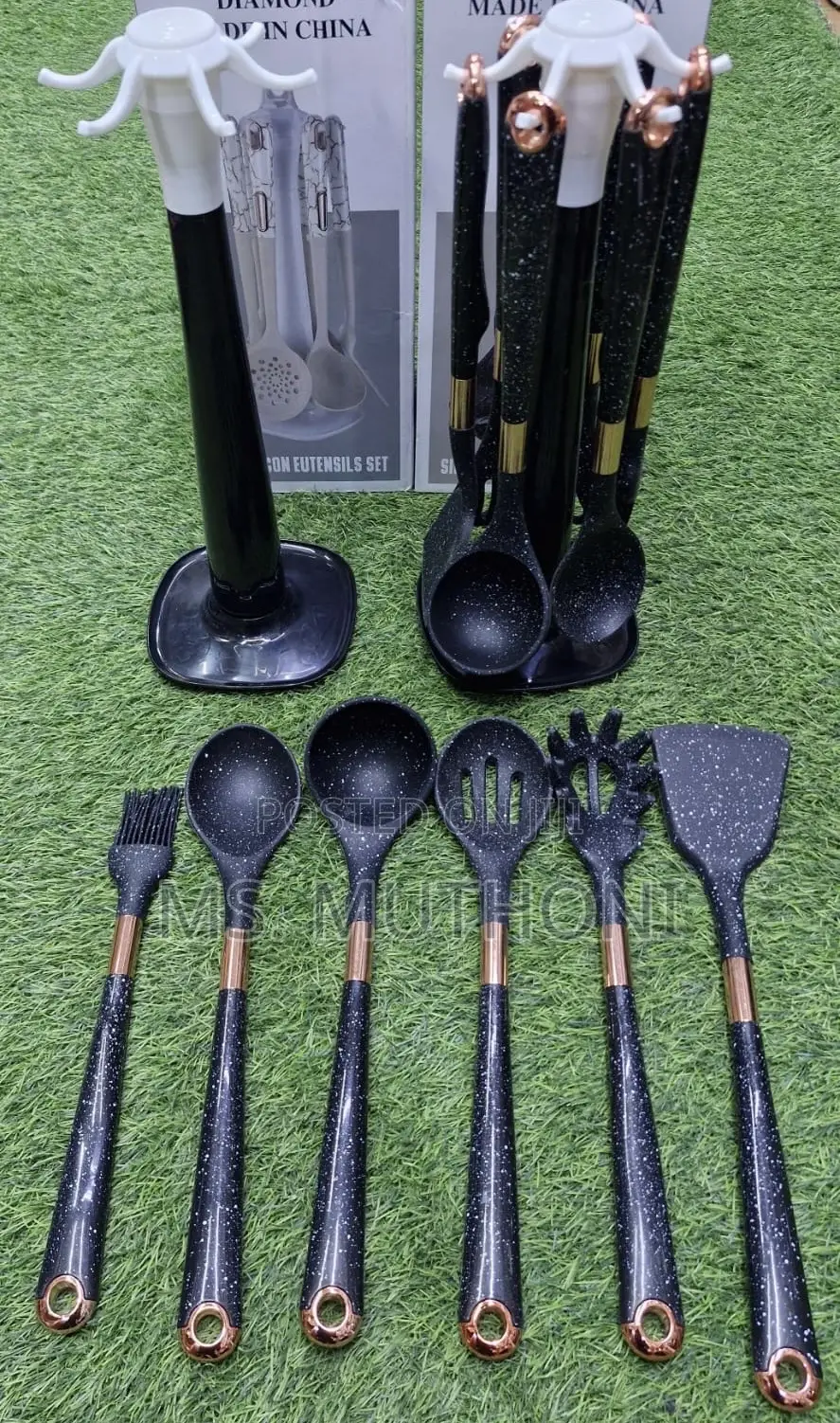 Black-Speckled Silicone 7pcs Food Grade Silicone Cutlery Set