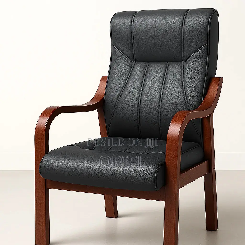 Office Chair Wooden Frame Executive Black Leather Office Seat