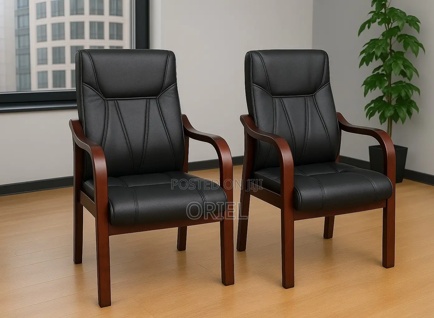 Office Chair Wooden Frame Executive Black Leather Office Seat