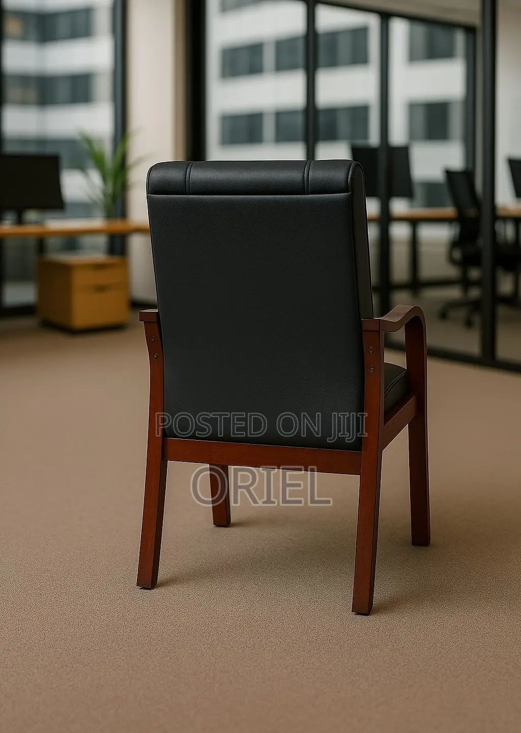 Office Chair Wooden Frame Executive Black Leather Office Seat