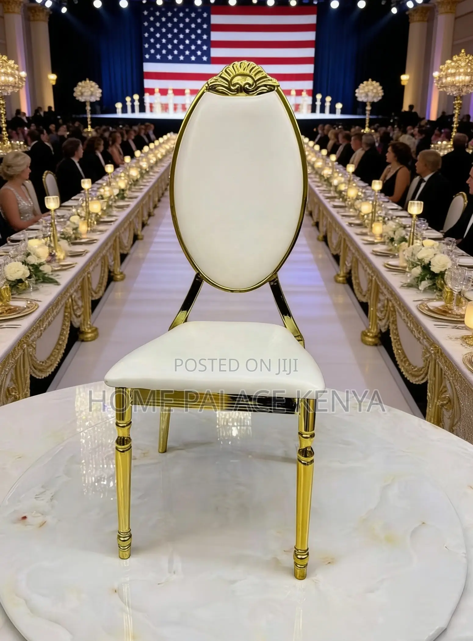 Event Chair: Durable Gold Plated Oval Back Dining Chair
