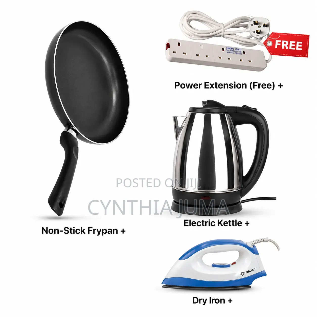 Pan + Electric Kettle + Iron Box + 4way Extensiom