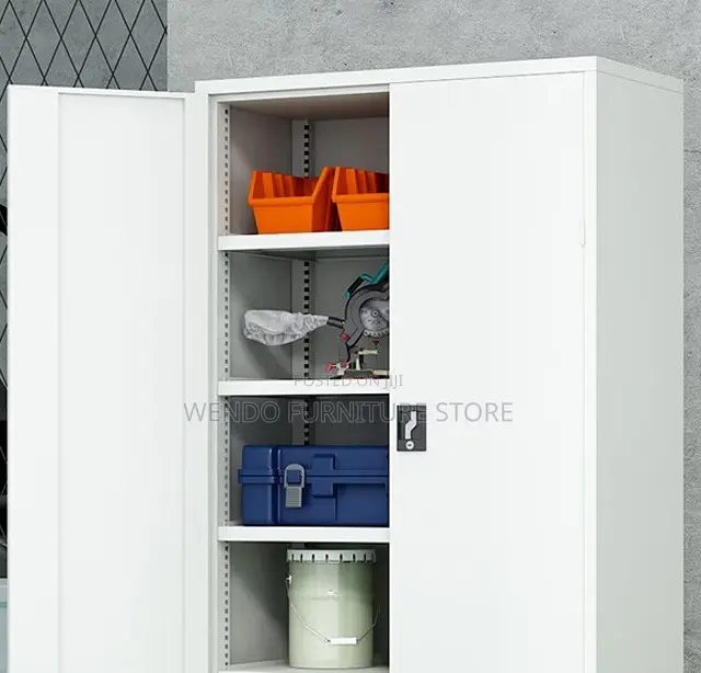 Office Cabinet; White- Grey Colored Cabinet With Adjustable Shelves
