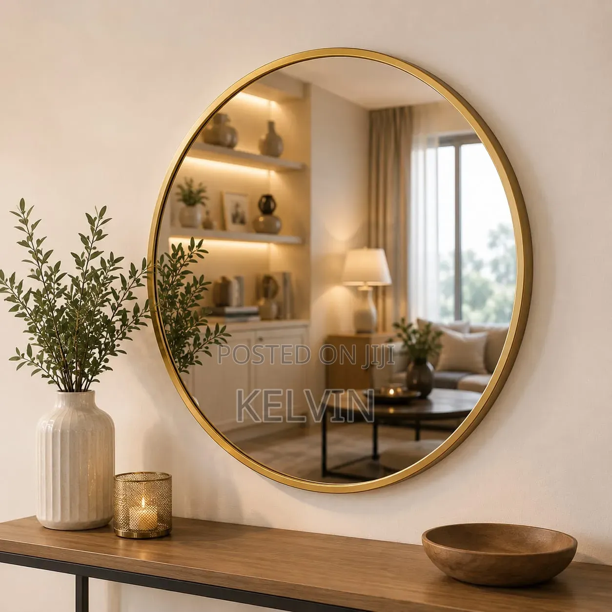 Modern Large Round Gold Metal Frame Wall Mirror.