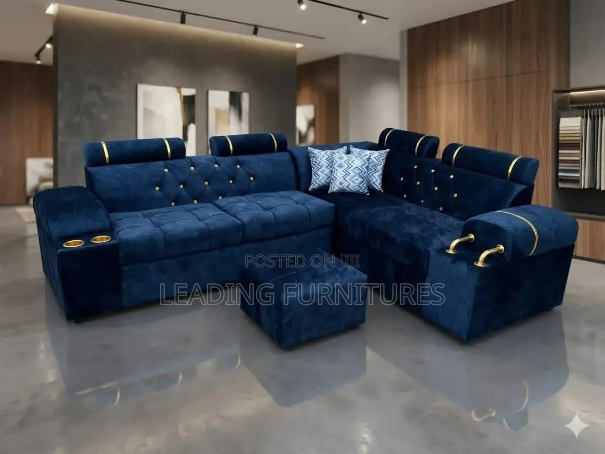Dark Blue L Shape Seat With Gold Buttons +Cup Holder