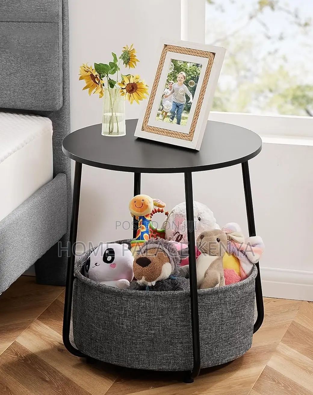 End Table: Side Table With Fabric Basket and Wooden Top