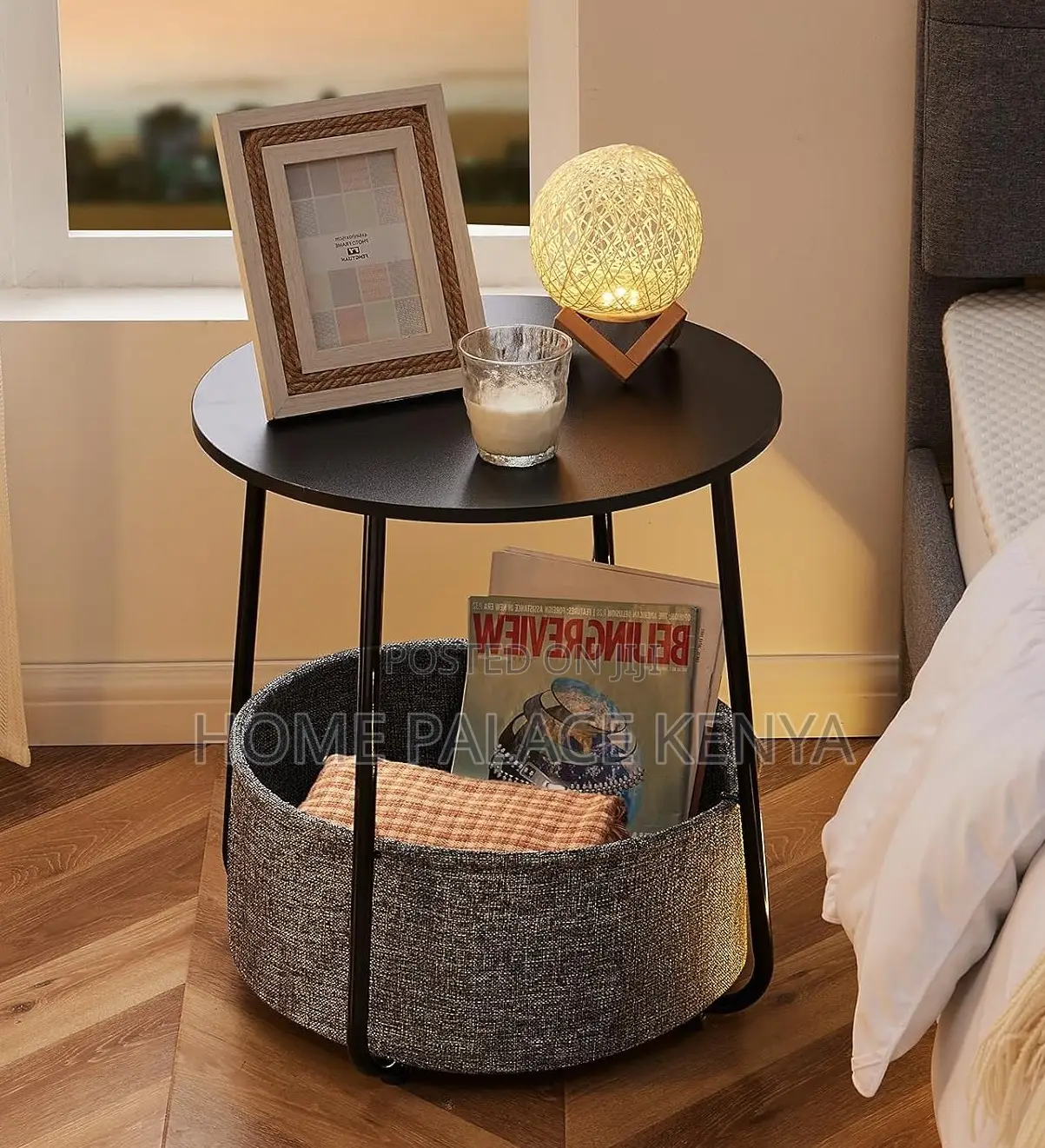 End Table: Side Table With Fabric Basket and Wooden Top