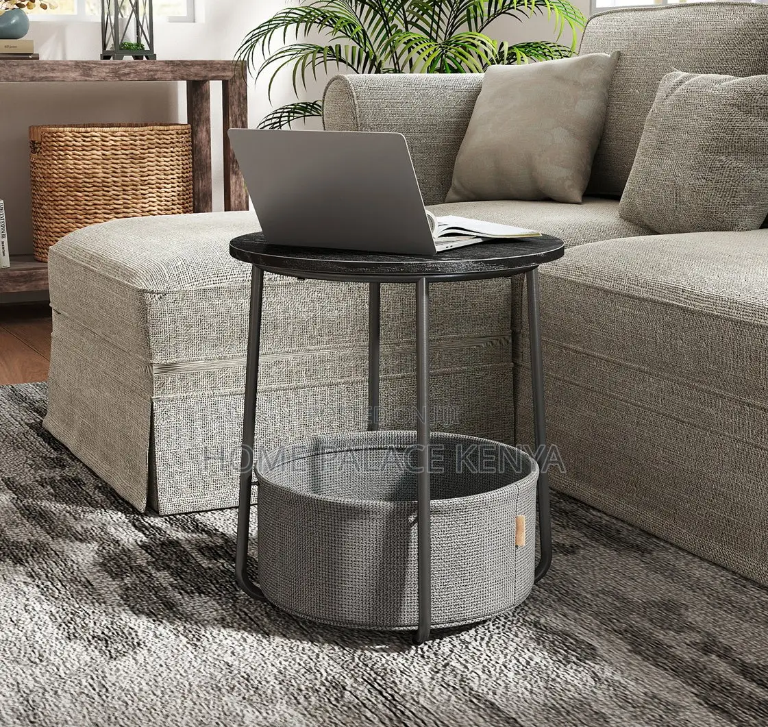 End Table: Side Table With Fabric Basket and Wooden Top