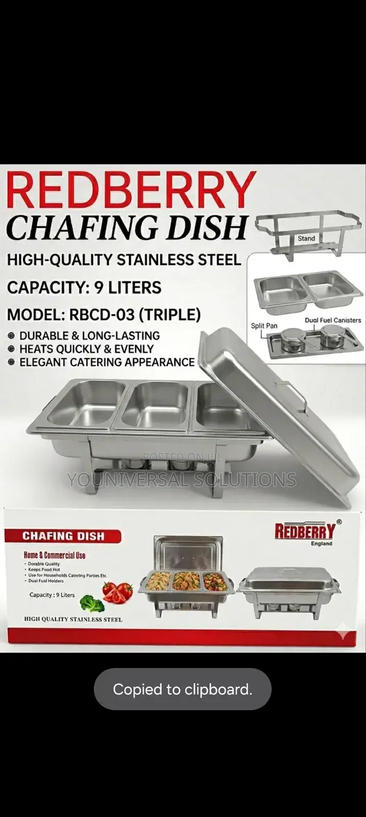 Redberry 9litres Chafing Dish