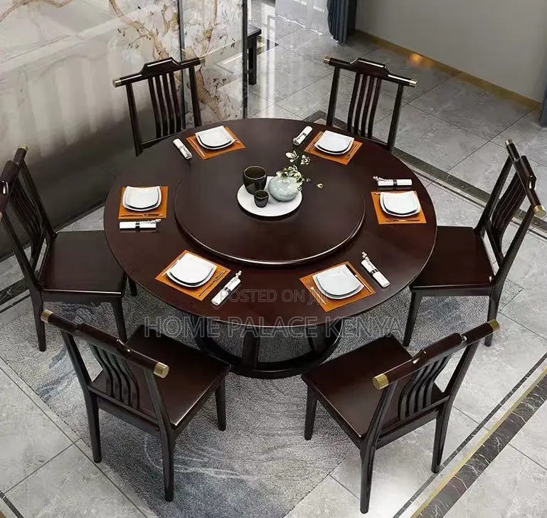 Dining Set; 6 -Seater Wooden Dining Table Set With Rotating Lazy Susan