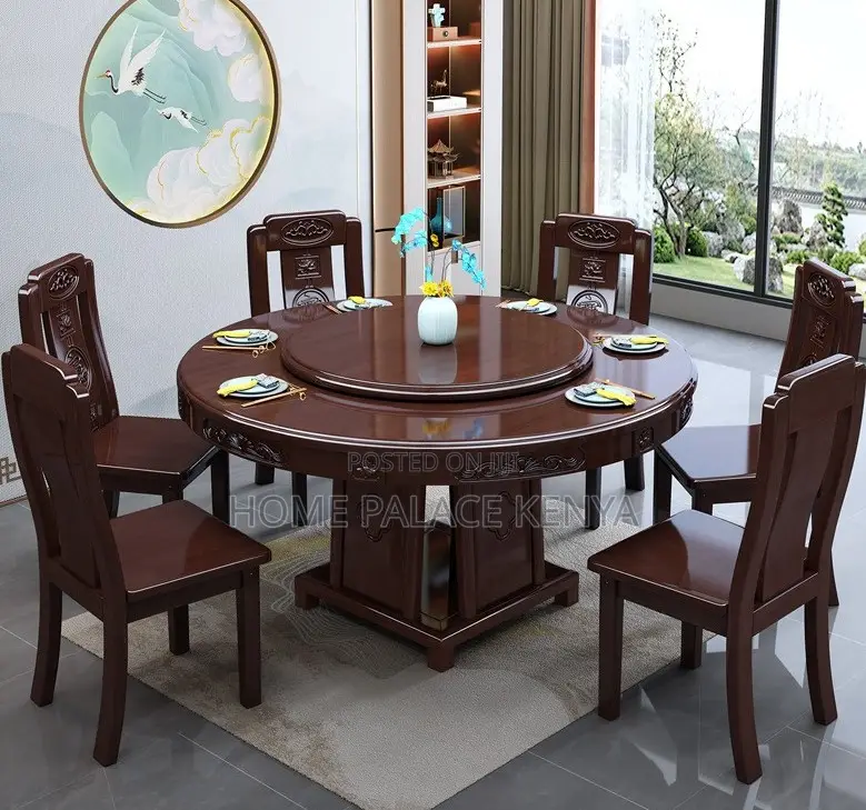 Dining Set; 6 -Seater Wooden Dining Table Set With Rotating Lazy Susan