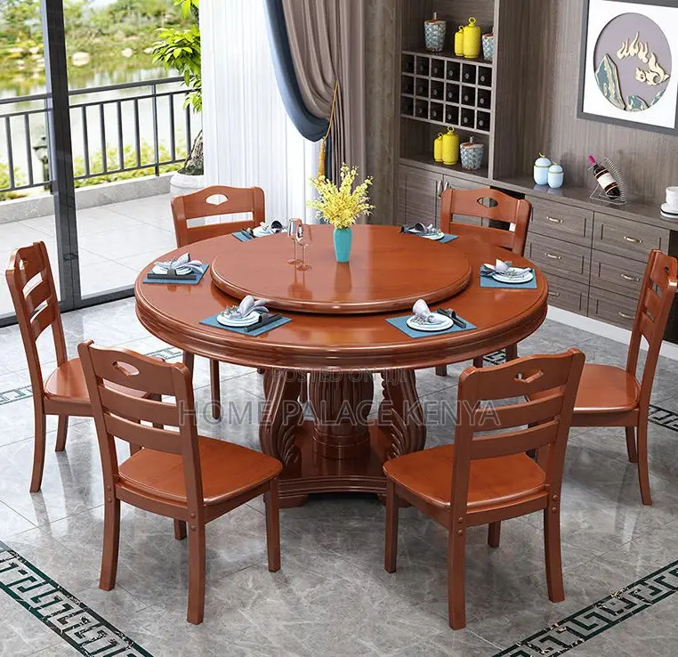 Dining Set; 6 -Seater Wooden Dining Table Set With Rotating Lazy Susan