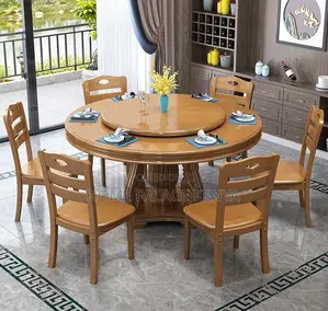 Dining Set; 6 -Seater Wooden Dining Table Set With Rotating Lazy Susan