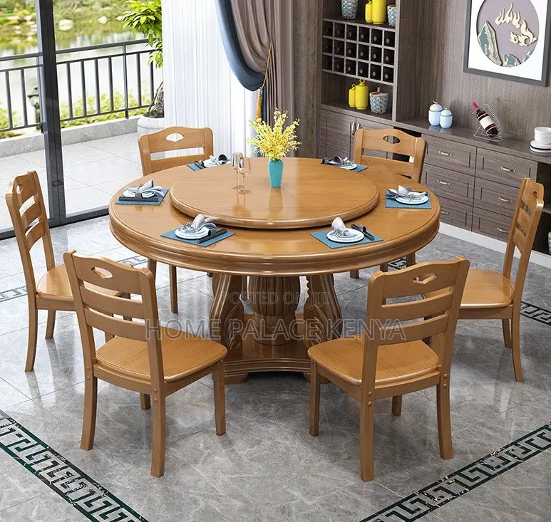 Dining Set; 6 -Seater Wooden Dining Table Set With Rotating Lazy Susan