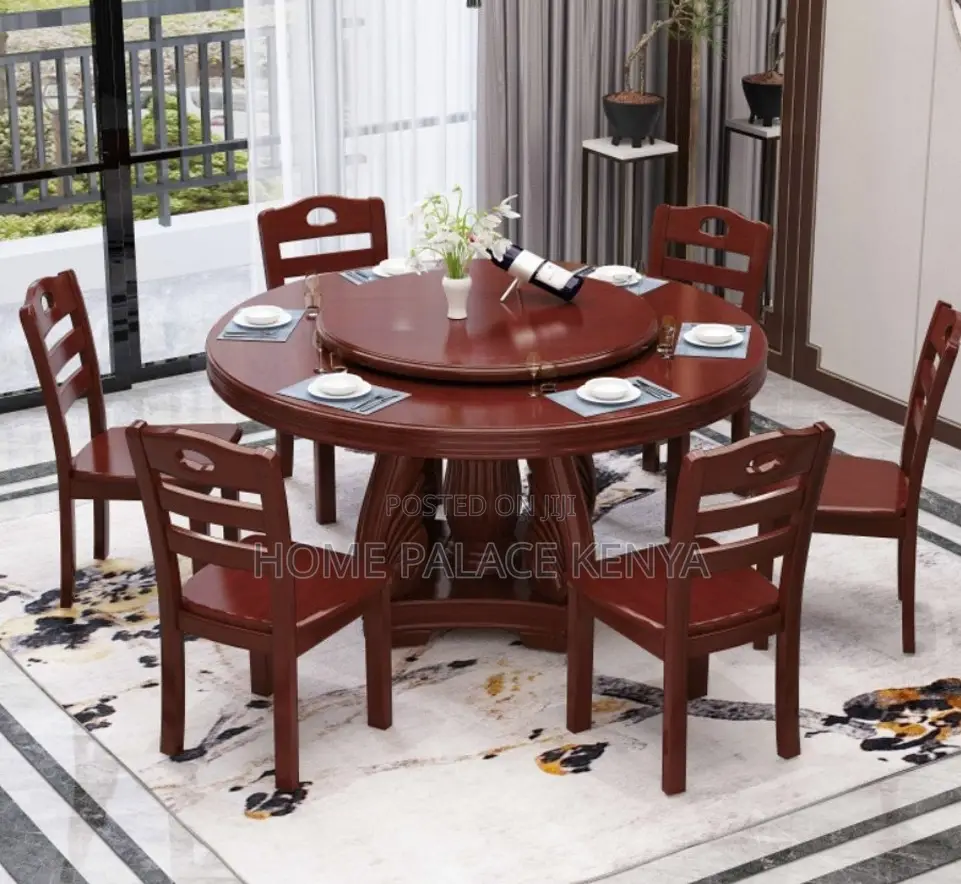 Dining Set; 6 -Seater Wooden Dining Table Set With Rotating Lazy Susan