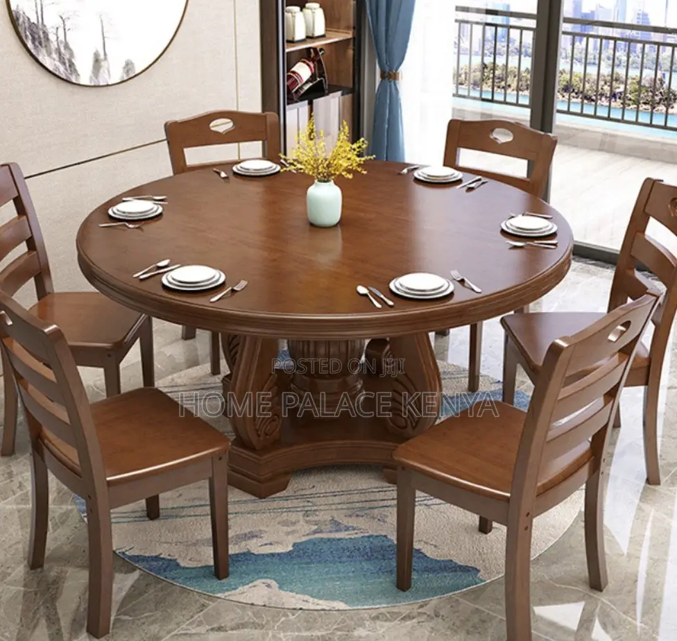 Dining Set; 6 -Seater Wooden Dining Table Set With Rotating Lazy Susan