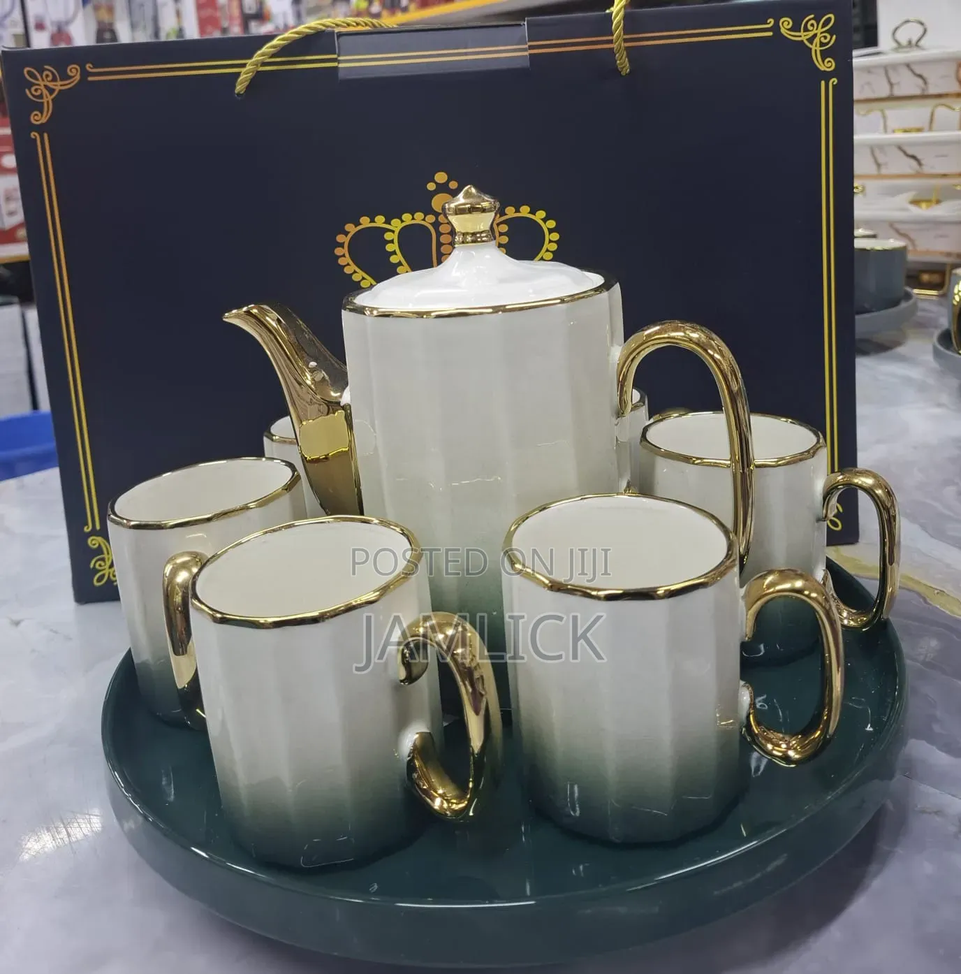 Fine Ceramic 8pcs Tea Set | Kettle + 6 Mugs + Tray - Pt