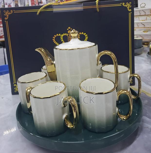 Fine Ceramic 8pcs Tea Set | Kettle + 6 Mugs + Tray - Pt
