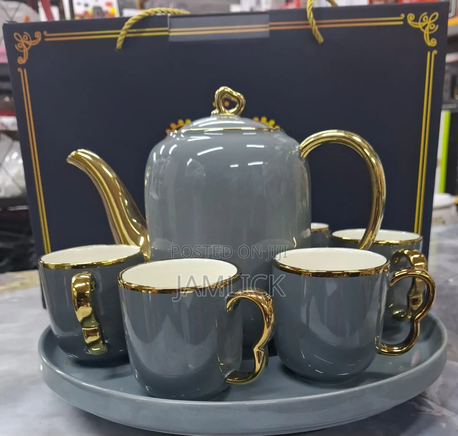 Fine Ceramic 8pcs Tea Set | Kettle + 6 Mugs + Tray - Pt