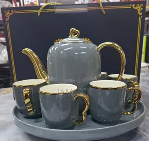 Fine Ceramic 8pcs Tea Set | Kettle + 6 Mugs + Tray - Pt
