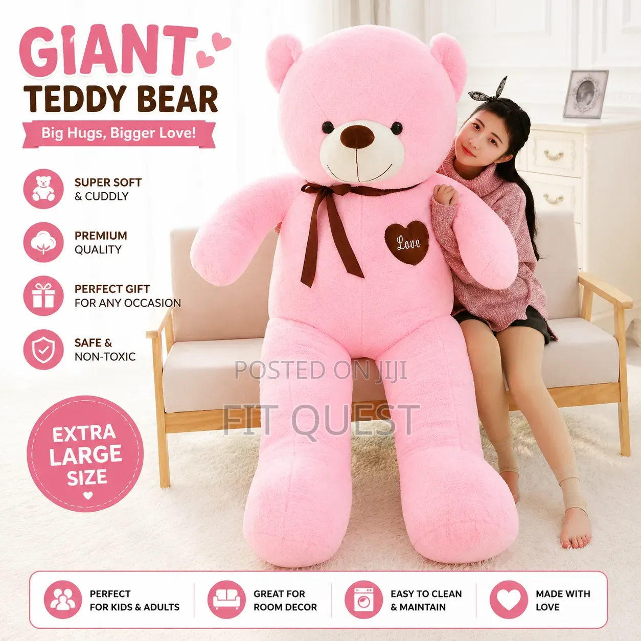120cm Large Pink Huggable Teddy Bear Giant Teddy
