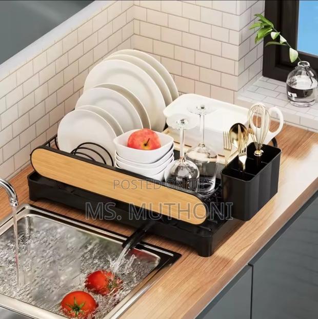 Unique Wood-Grain Design Compact Countertop Dish Drying Rack - main view