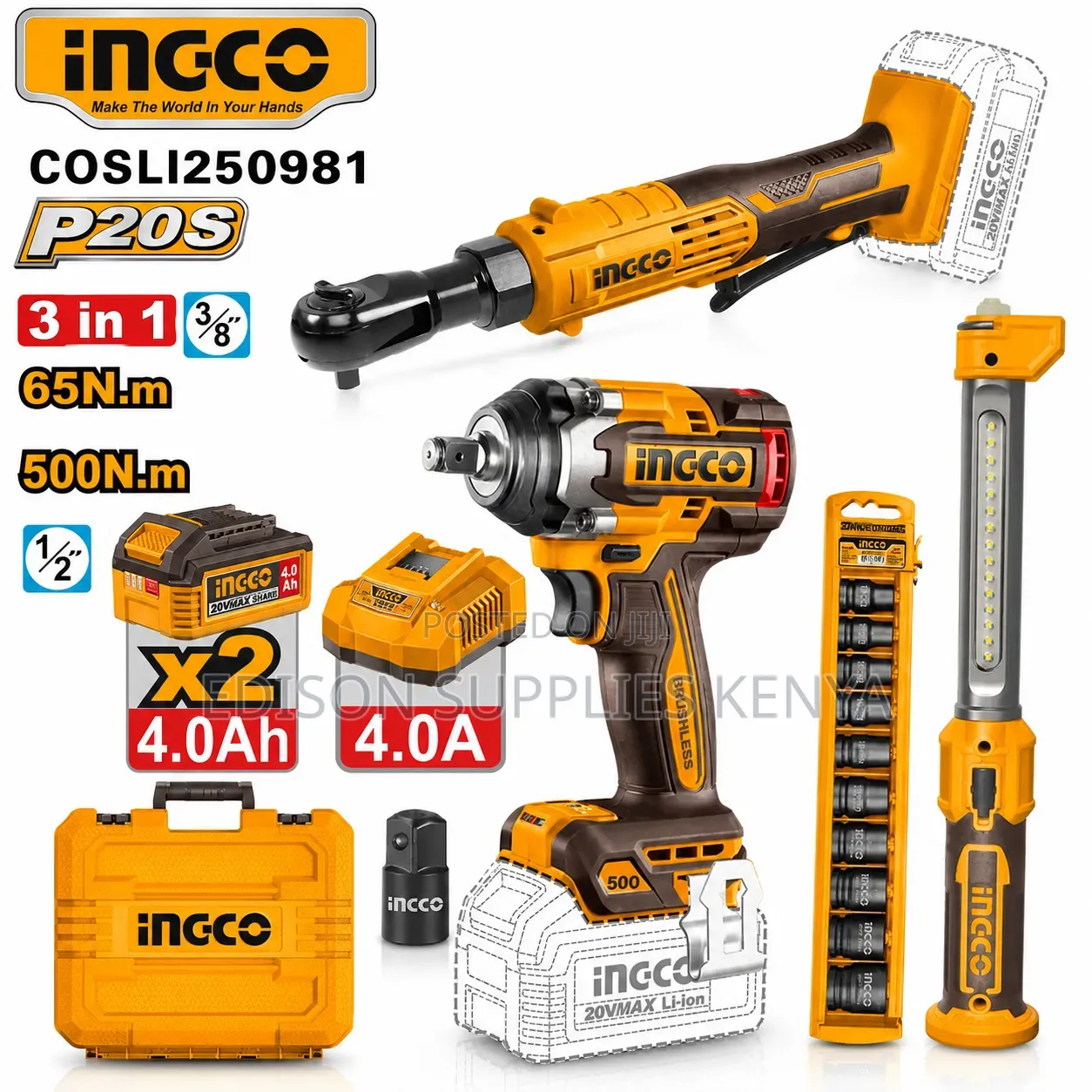 Ingco 3pcs Cordless Combo Impact Wrench 500nm Ratchet Drive Cosli25098