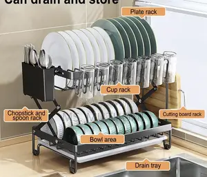 2-Tier Kitchen Dish Drying Rack With a Space-Saving Foldable Design.