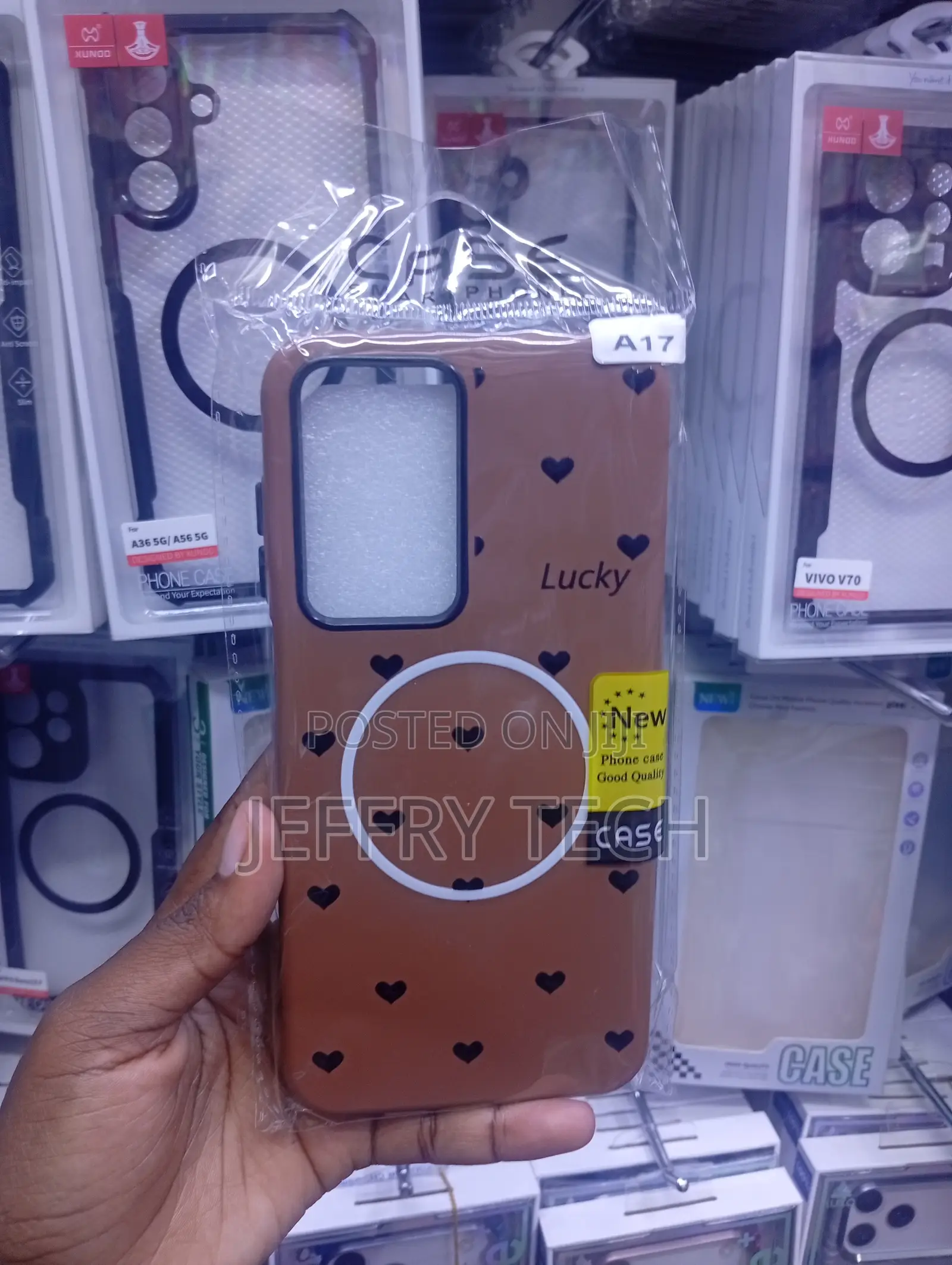 Samsung A17 Brown Phone Case With a Magsafe Ring and a Heart Pattern