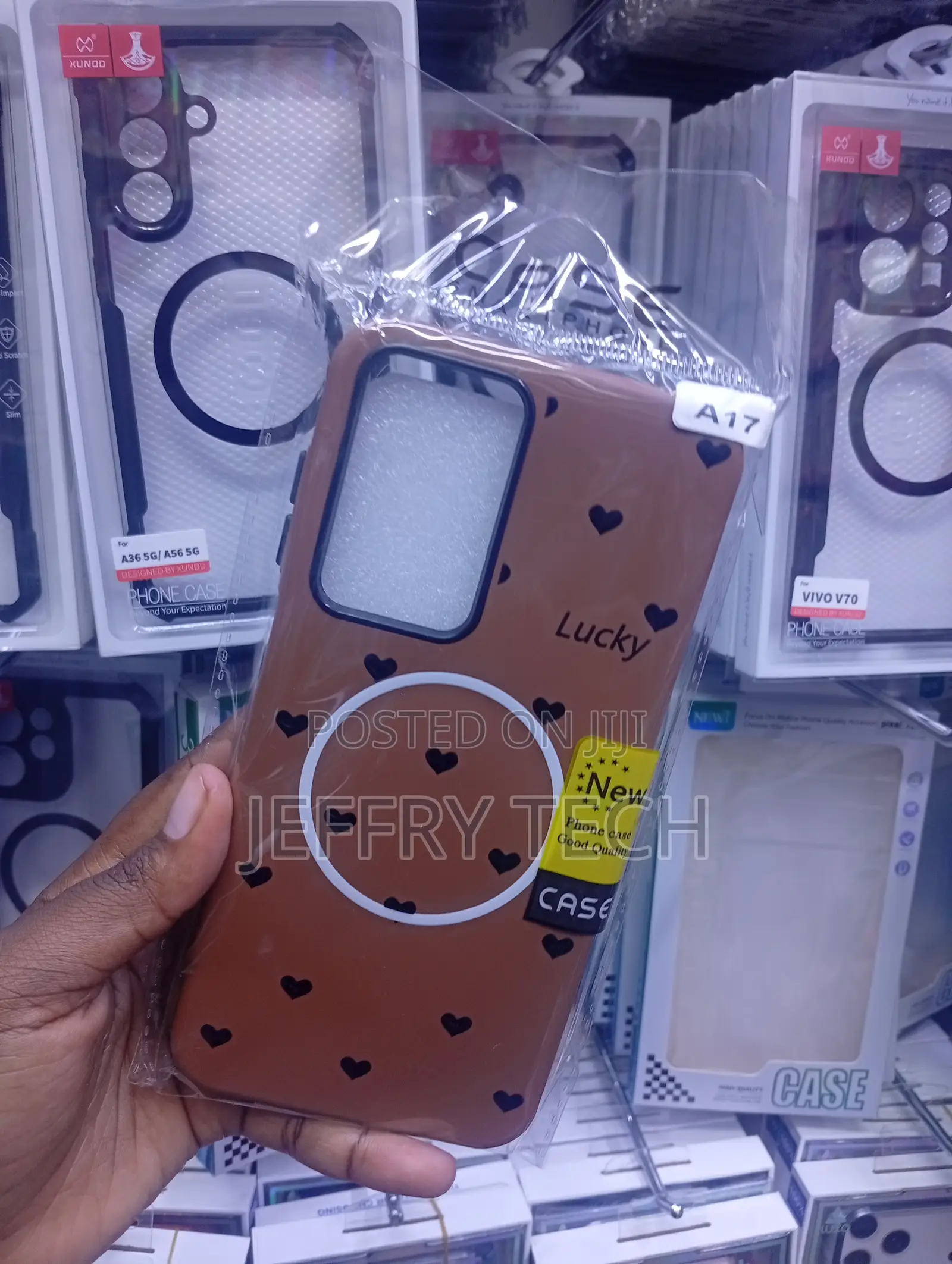 Samsung A17 Brown Phone Case With a Magsafe Ring and a Heart Pattern