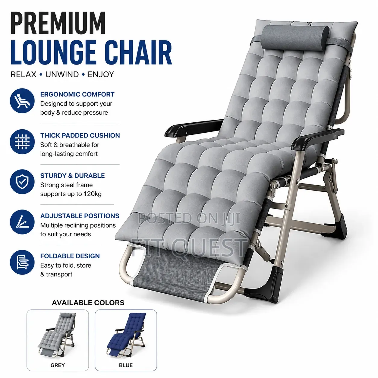 Adjustable Foldable Reclining Lounge Chair With Headrest Cushion