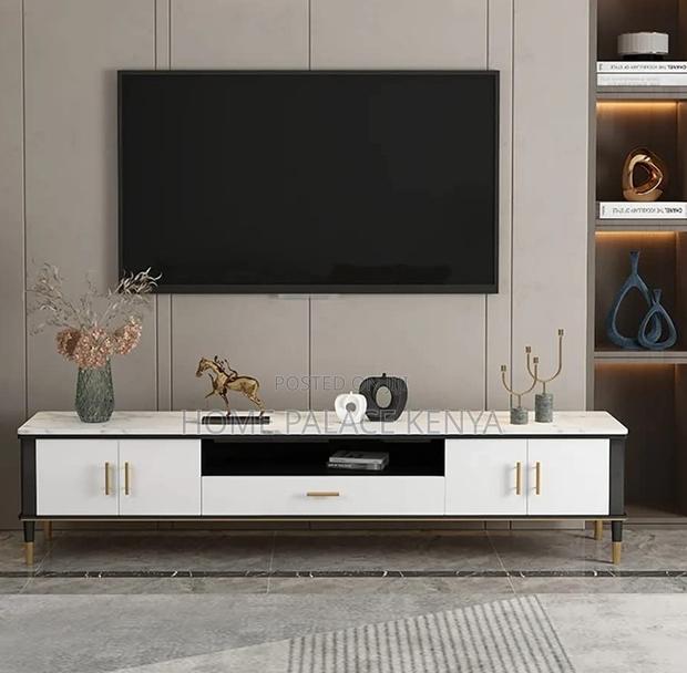 Tv Cabinet: Wooden Marble Top Console With Storage Cabinets and Drawer
