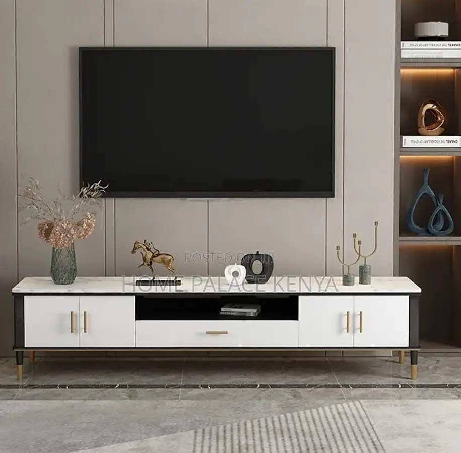 Tv Cabinet: Wooden Marble Top Console With Storage Cabinets and Drawer