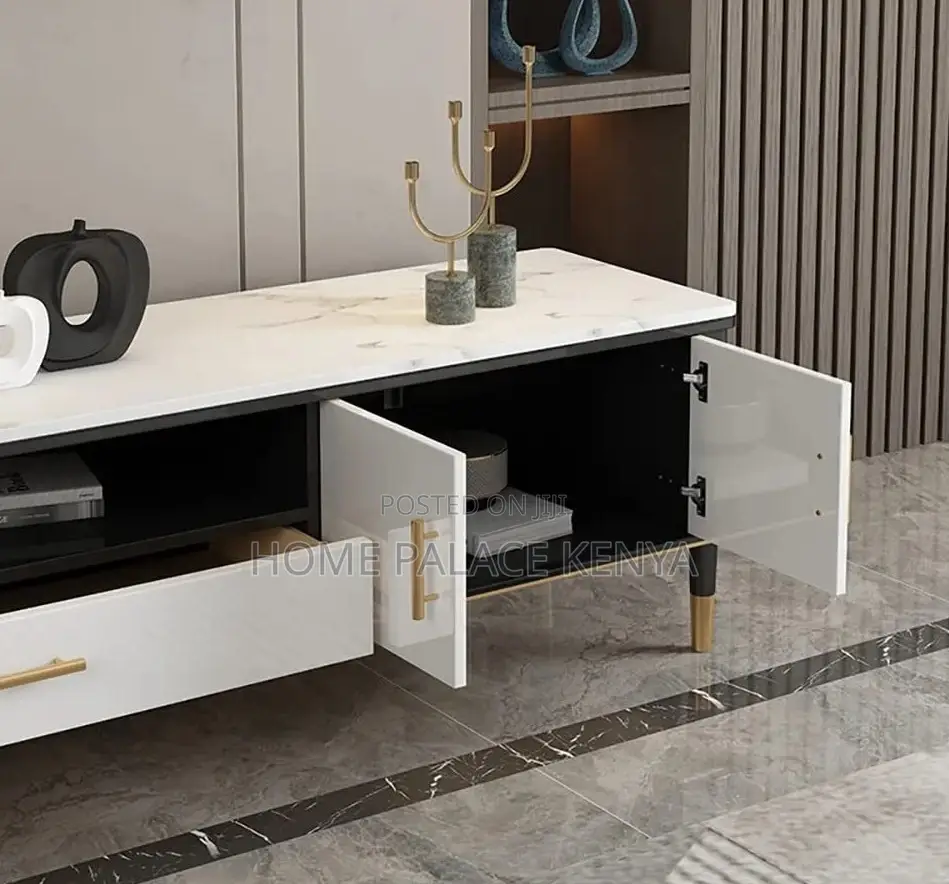 Tv Cabinet: Wooden Marble Top Console With Storage Cabinets and Drawer