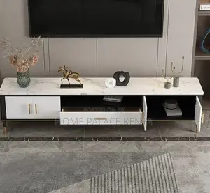 Tv Cabinet: Wooden Marble Top Console With Storage Cabinets and Drawer