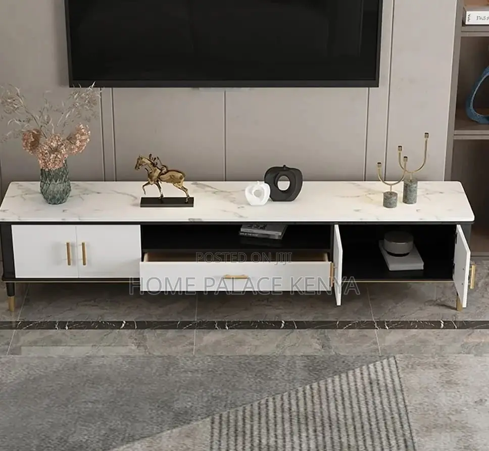Tv Cabinet: Wooden Marble Top Console With Storage Cabinets and Drawer