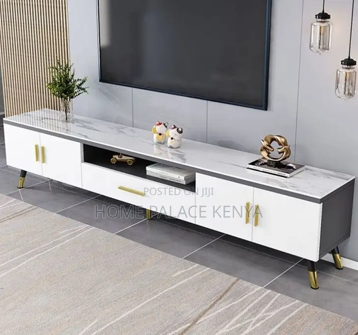 Tv Cabinet: Wooden Marble Top Console With Storage Cabinets and Drawer